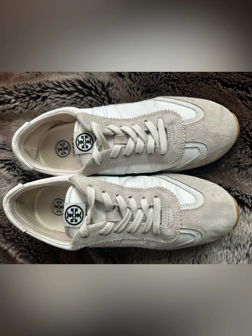 Tory Burch Hank White and Beige Suede Retro Runner Sneaker